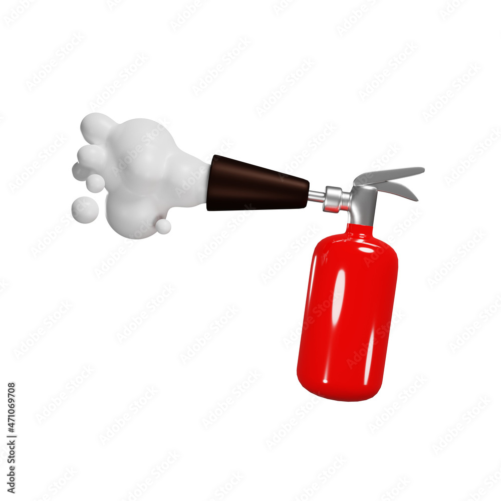 Naklejka premium 3D red fire extinguisher, extinguish fires foam from nozzle, protection from flame, isolated illustration on a white background, 3D rendering