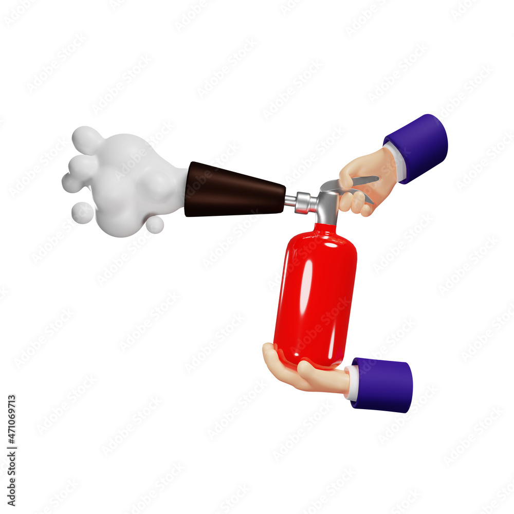 Naklejka premium 3D red fire extinguisher in hands, extinguish fires foam from nozzle, protection from flame, isolated illustration on a white background, 3D rendering