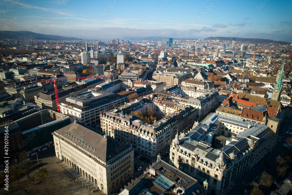 Aerial view of City of Zürich on a sunny autumn afternoon with skyscrapers in the backgorund. Photo taken November 21st, 2021, Zurich, Switzerland.