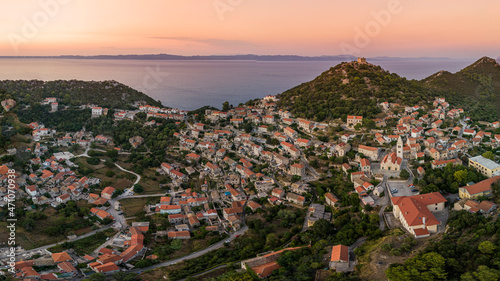 Panoramic Aerial view of Lastovo, a small town on hill top near the coastline, Dubrovnik province, Croatia. photo
