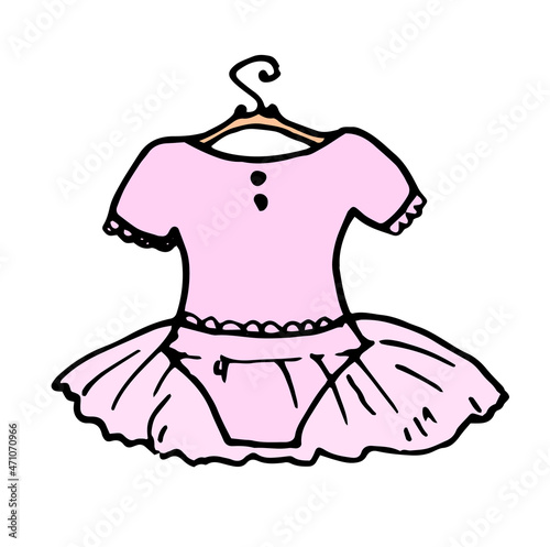 a baby pink tutu on a hanger. hand-drawn in the style of a sketch with a black line. children's ballerina costume on hangers for logo, labels and packaging for dance design template