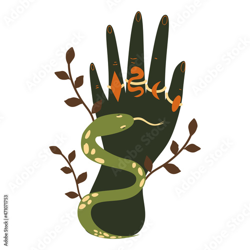Mystical hand and snake. Human hand with rings. Trendy vector illustration in hand drawn cartoon style.
