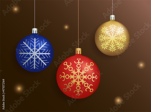 Red  blue  gold Christmas bauble balls hanging on dark shiny background. 3D balls with snow ornament. Vector illustration