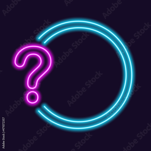 Neon frames with question mark, exclamation mark, quotes. Square text box template. Frames for quotes, polls, announcements. Vector illustration.