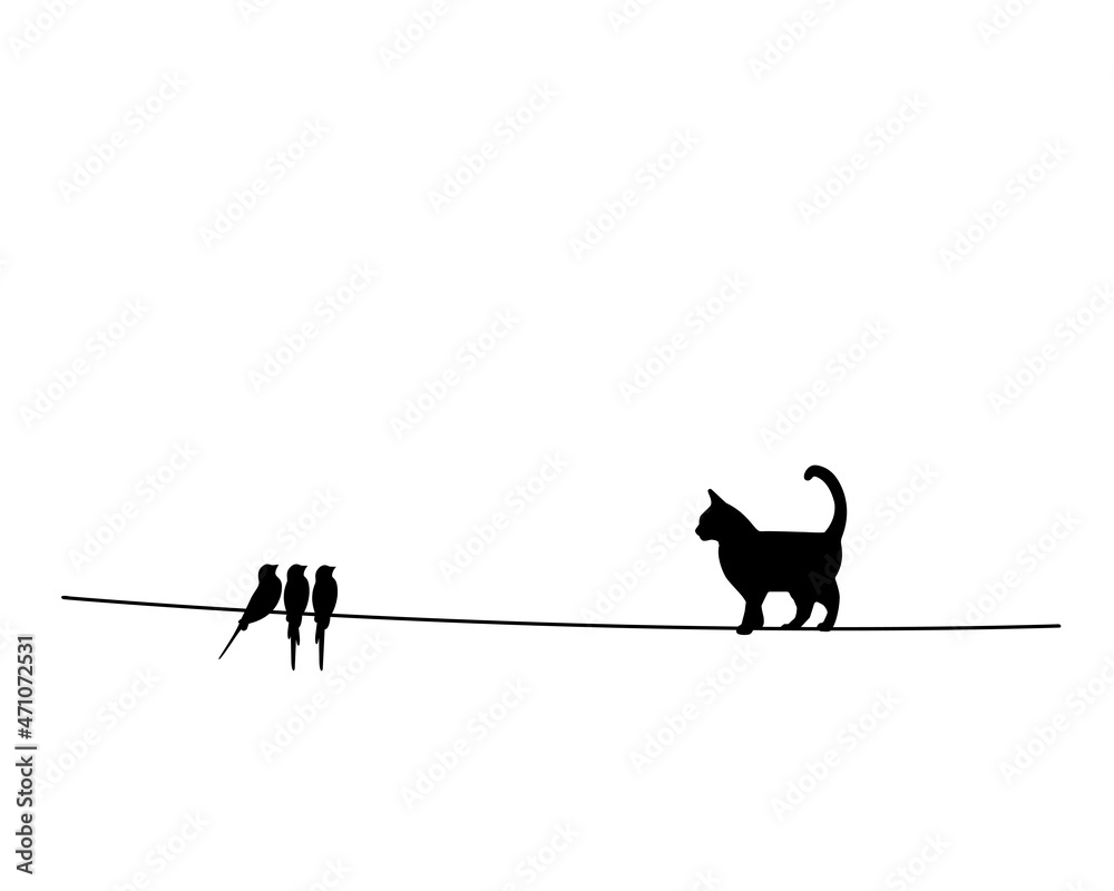 Cat and birds silhouettes on wire isolated on white background, vector.  Black and white wall decals. Wall art, minimalist artwork. Cartoon design.  Stock Vector | Adobe Stock