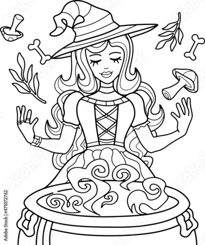 Coloring page for children and adults. Witch with a cauldron