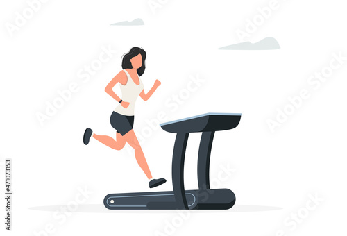 The girl running on a treadmill. Fitness concept.. Vector illustration in modern style