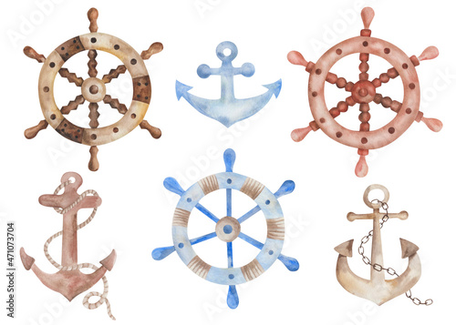 Watercolor illustration of hand painted steering wheels, anchors for old pirate ship, vessel, boat for sea and ocean. Marine clip art elements for fabric textile, clothes print, summer design cards
