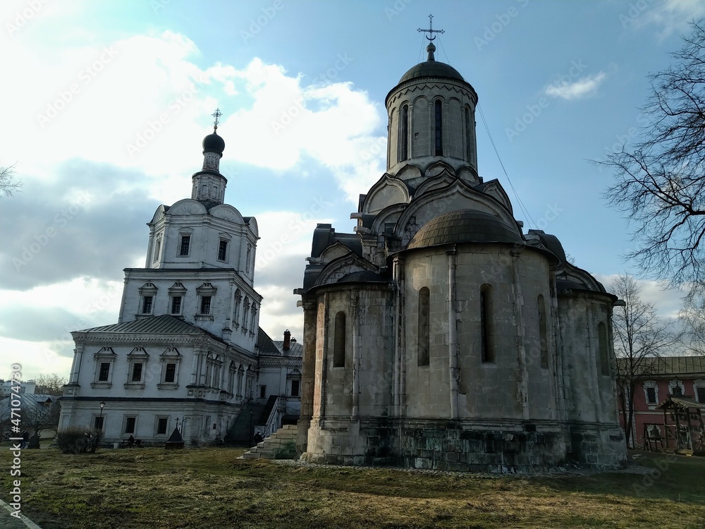 Ancient historical building of orthodox church cathedral in Russia, Ukraine, Belorus, Slavic people faith and beleifs in Christianity Moscow Andronik Monastery