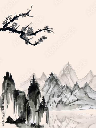 Hand painting background pattern greeting inspired by china Korea and Japan splash brush ink oriental retro vintage watercolor