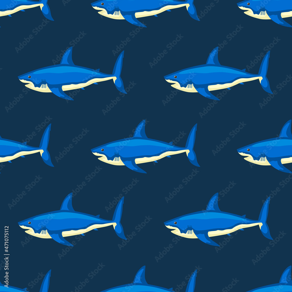 Obraz premium Seamless pattern shark on dark blue background. Texture of marine fish for any purpose.