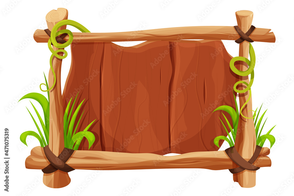 Frame from sticks, wooden planks decorated with grass and liana in comic cartoon style isolated on white background. Border, jungle panel textured and detailed. Game asset, menu - obrazy, fototapety, plakaty 