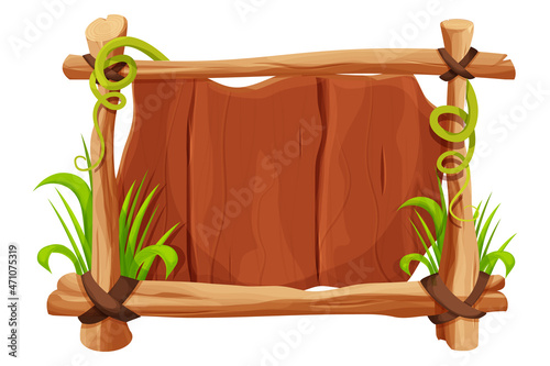 Frame from sticks, wooden planks decorated with grass and liana in comic cartoon style isolated on white background. Border, jungle panel textured and detailed. Game asset, menu