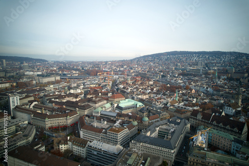 Aerial view of City of Zürich on a cloudy autumn day. Photo taken November 18th, 2021, Zurich, Switzerland.