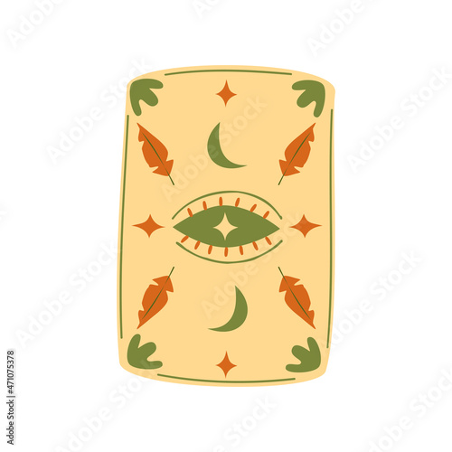 Magic tarot cards in vintage style with mystical symbols. Magic occult cards. Mystical divination cards with an eye, feathers and stars. Cozy vector illustrations in flat hand drawn cartoon style.