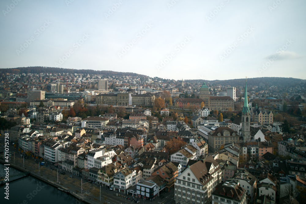 Aerial view of City of Zürich with river Limmat and medieval old town on a cloudy autumn day. Photo taken November 18th, 2021, Zurich, Switzerland.