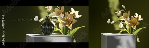 Realistic podium or platform scene for product display presentation with beautiful decorative lily flower vector 