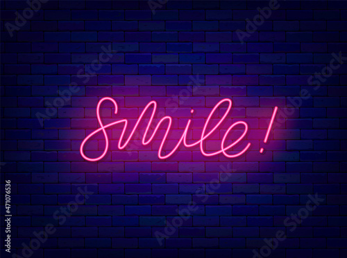 Smile neon lettering. laughter shiny calligraphy. Glowing quote. Online messaging. Vector stock illustration