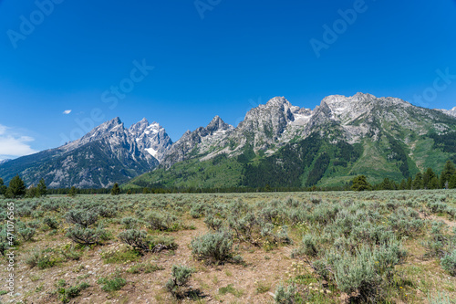 The rocky peaks of the Grand Teton mountain range near Jackson Hole, Wyoming