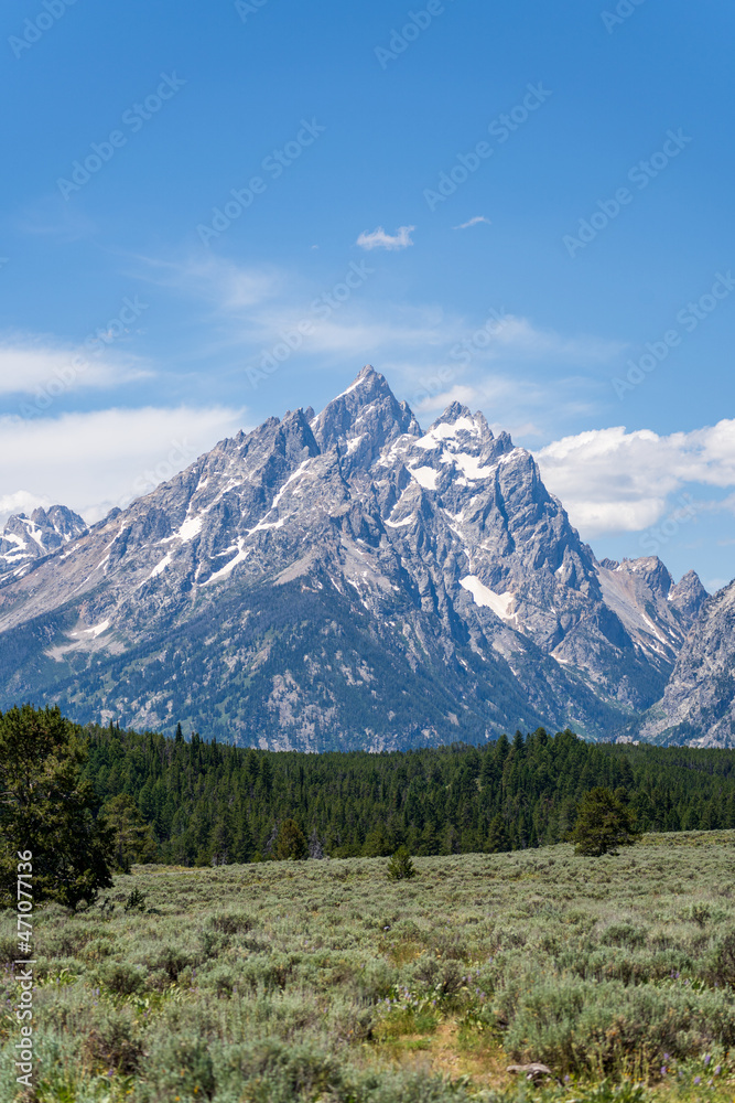 The rocky peaks of the Grand Teton mountain range near Jackson Hole, Wyoming