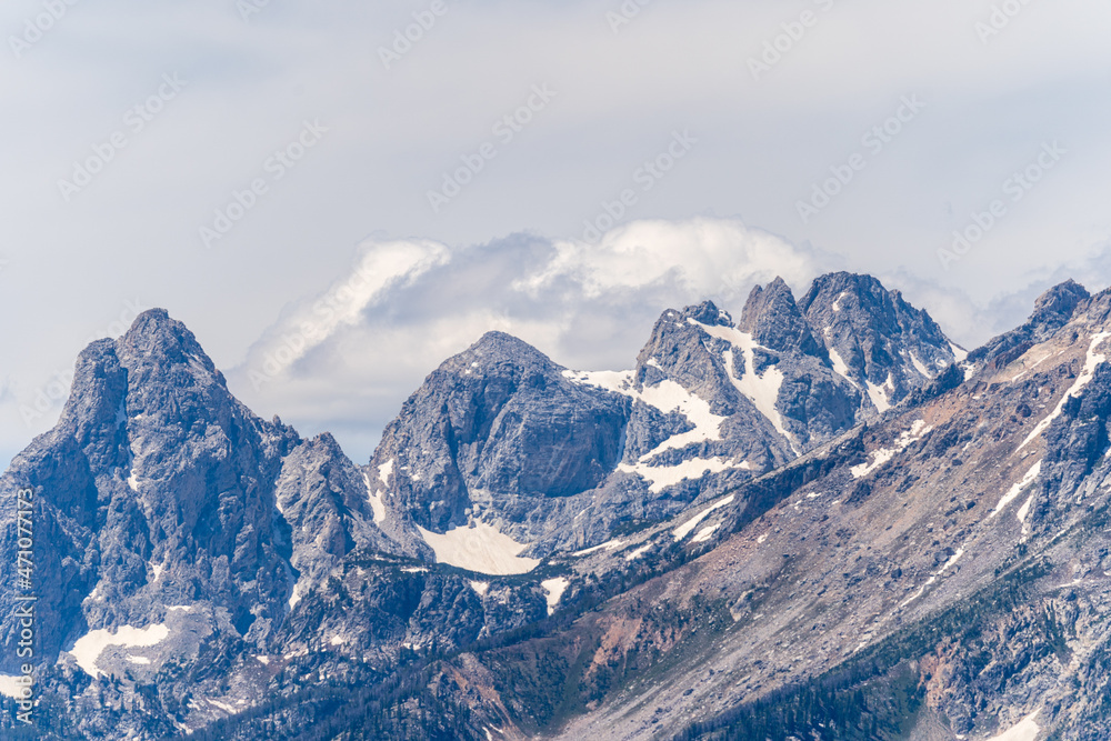 The rocky peaks of the Grand Teton mountain range near Jackson Hole, Wyoming