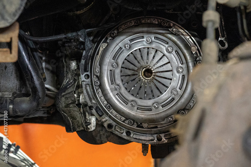 Close-up photo of a car clutch. Auto garage. Auto repair