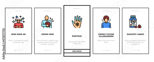 Anemia Patient Health Problem Onboarding Mobile App Page Screen Vector. Fanconi And Autoimmune Hemolytic Anemia Disease, Dizziness, Shortness Of Breath And Irregular Heartbeats. Illustrations