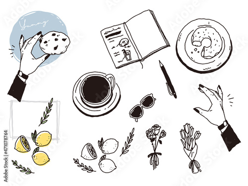 白黒、モノトーン、線画のイラスト(手書き、オシャレ、雑誌、カフェ、ファッション、インテリア、花瓶、キャンドル) Black and white, monotone, line drawing illustrations. Handwritten, stylish, magazine, cafe, fashion, interior decoration, vase, candle.