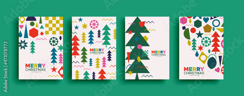 Christmas New Year retro folk pine tree card set
