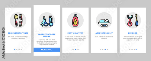 Baby Accessories And Equipment Onboarding Mobile App Page Screen Vector. Baby Lotion And Powder Cosmetics, Nail Clippers And Thermometer, First Aid Kit Weight Scale, Swabs Snot Sucker. Illustrations