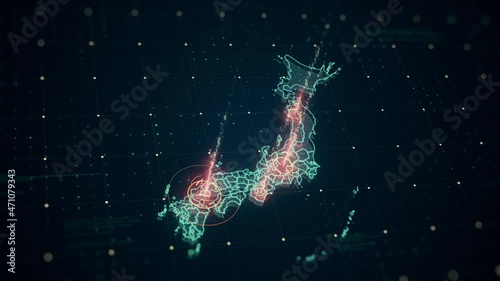 High-tech digital Japan map with animated visual HUD elements , futuristic grid, lines, glowing circles and random coding. Motion video is great for visualization and promotion of Hi-tech projects.