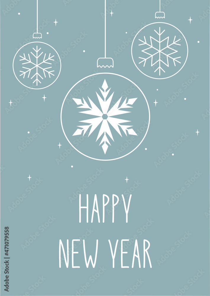 Minimalistic New Year and Christmas card with the image of a transparent ball with a snowflake and snow in a lineart style on a soft blue background. Idea for print, banner, calendar, etc.