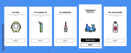 Baby Accessories And Equipment Onboarding Mobile App Page Screen Vector. Baby Lotion And Powder Cosmetics, Nail Clippers And Thermometer, First Aid Kit Weight Scale, Swabs Snot Sucker. Illustrations