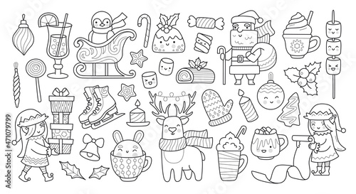 Set of christmas outline elements for coloring book. Santa Claus, xmas elf, deer, penguin and holiday decorations. Vector isolated illustration.