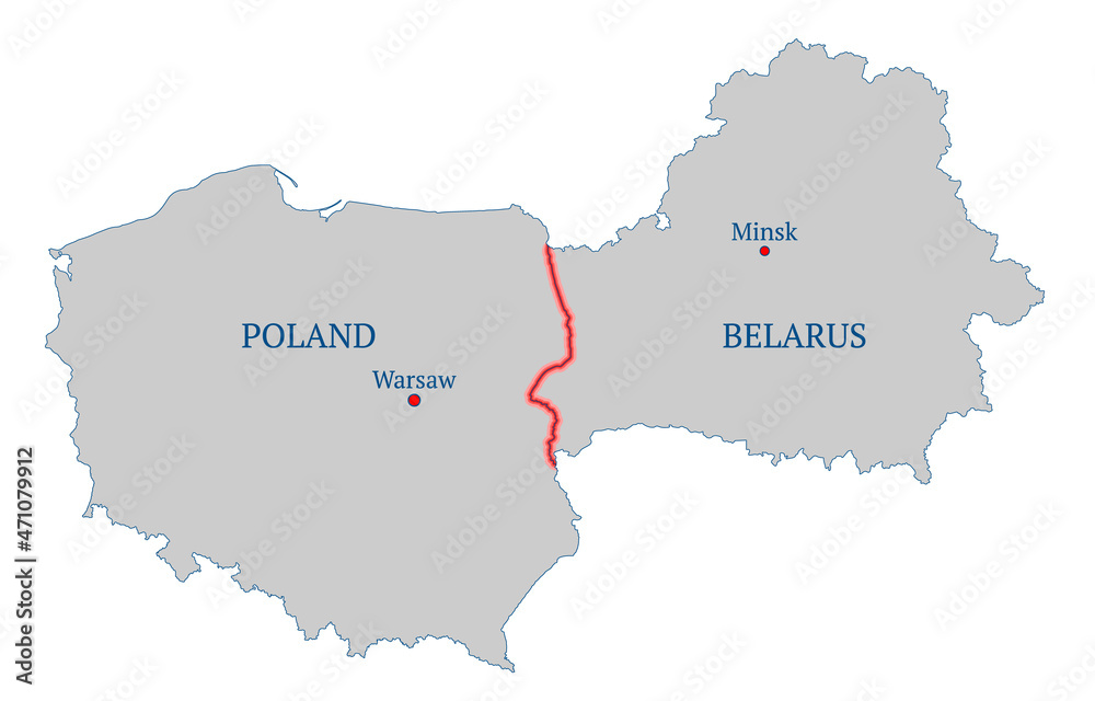 Border crisis of Poland and Belarus. The problem of migration and refugees. Contour of state borders. Names of countries and capitals. Red line along the border. Concept of crisis.