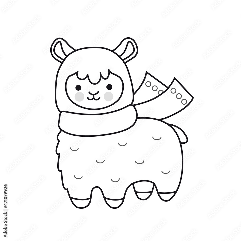 Fototapeta premium Alpaca, llama in scarf. Cute cartoon animal character. Funny outline illustration. Vector isolated emblem for logo, coloring book, tattoo, print.