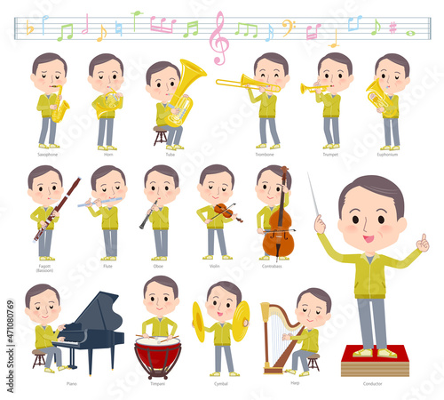 クラシック音楽演奏に関するスポーツウエアを着た中年薄毛男性のセット