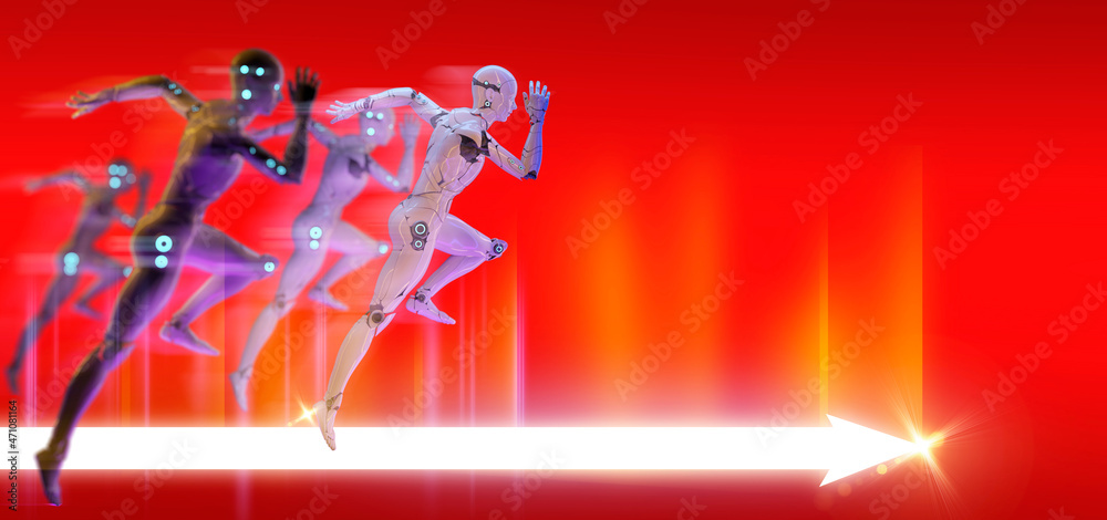 Fototapeta premium running 3D humanoid robot metaverse smart city digital world background, AI artificial intelligence automated digital technology concept, 