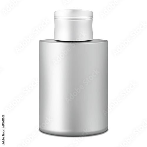 Silver gray bottle with screw cap isolated on white background realistic vector mock-up. Blank container for cosmetic, medical or other liquid product mockup. Template for design