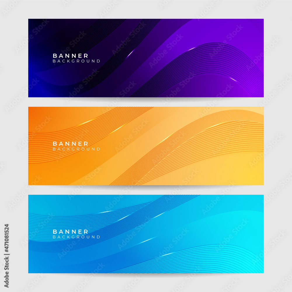 Colorful web banner with abstract geometrics. Collection of horizontal promotion banners with gradient colors. Header design. Vibrant background template.