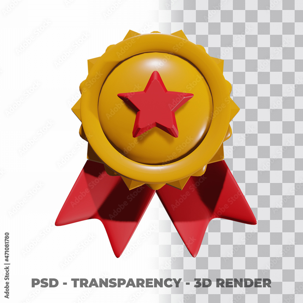 3D Gold medal and ribbon with transparency background