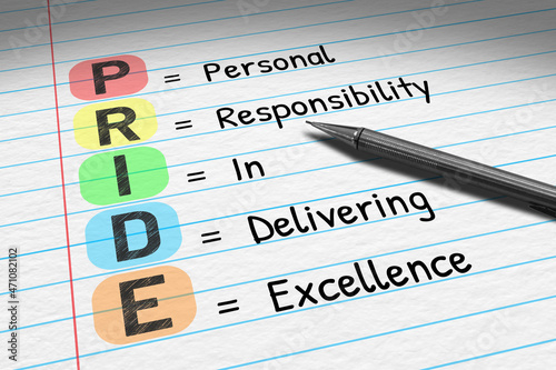 PRIDE - Personal Responsibility In Delivering Excellence. Business acronym on note pad. 3D Illustration. photo