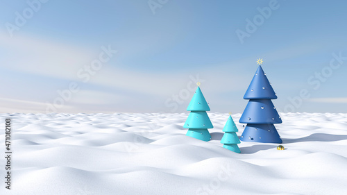  Christmas on snow white with sky background. 3D illustration, 3D rendering