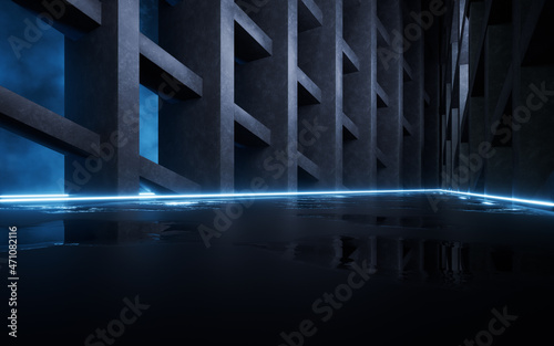Concrete structure of buildings and neon lines, 3d rendering.
