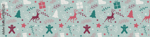 Design of seamless pattern with Christmas ornaments. Panoramic header. Vector