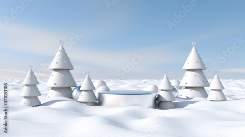 Christmas on snow white with sky background. 3D illustration, 3D rendering 