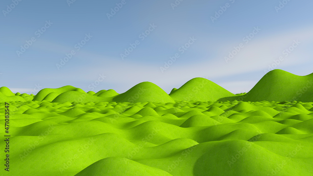 Obraz premium Green meadow with sky background. 3D illustration, 3D rendering 