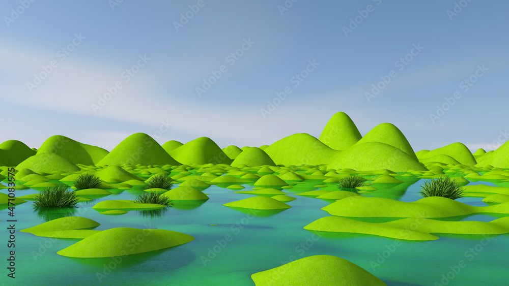 Obraz premium Green meadow with sky background. 3D illustration, 3D rendering 