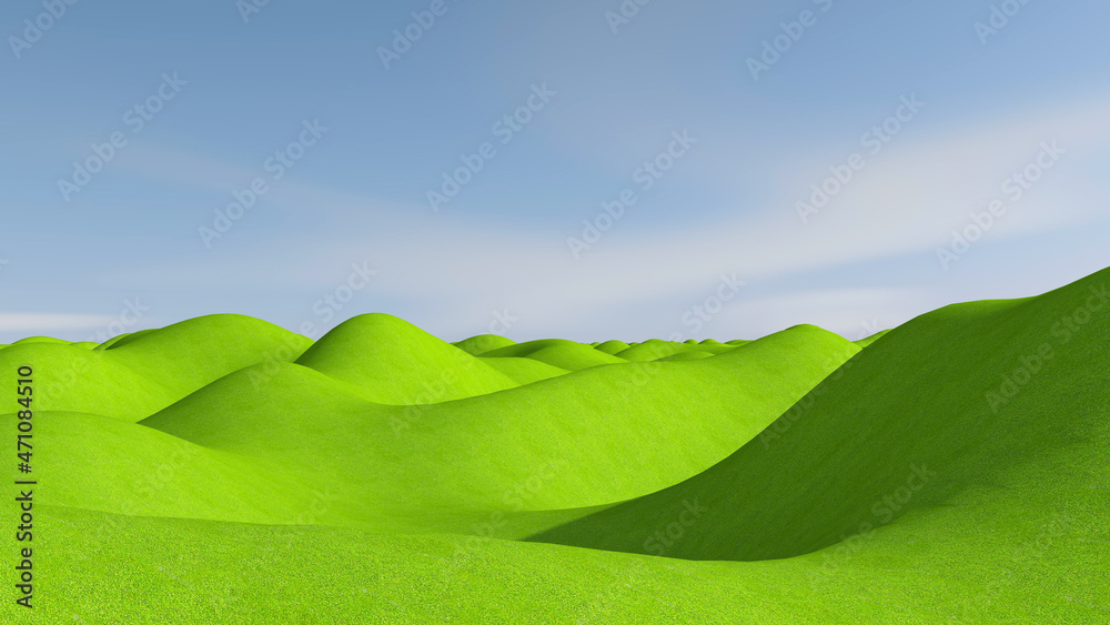 Green meadow with sky background. 3D illustration, 3D rendering	