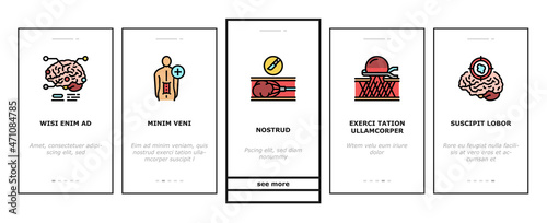 Neurosurgery Medical Treatment Onboarding Mobile App Page Screen Vector. Stereotactic Radiosurgery And Pediatric Neurosurgery, Neuro-oncology Researching, Coil Embolization Surgery. Illustrations